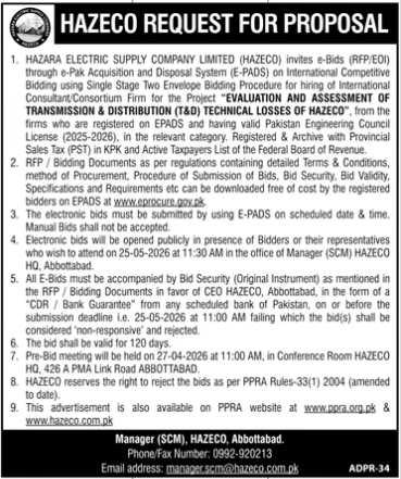HAZECO REQUEST FOR PROPOSAL - EVALUATION AND ASSESSMENT OF TRANSMISSION & DISTRIBUTION (T&D) TECHNICAL LOSSES OF HAZECO